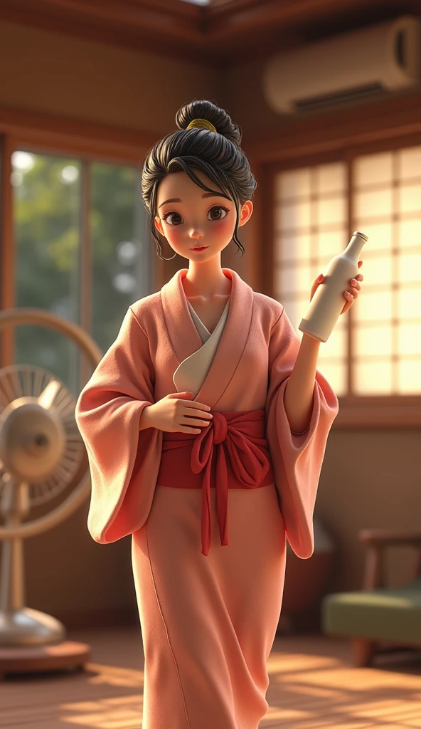 3D animation, theme "Japanese Yukata", Japanese hot spring inn recreation room, woman in yukata after bathing, towel around neck, one hand on hip, legs shoulder width apart, standing with legs apart, looking slightly upwards, drinking milk from a bottle, trumpet, wet hair sticking to cheek, large electric fan spinning in the background, comical scene, heartwarming scene, sophisticated design, advanced lighting technology, 8K quality