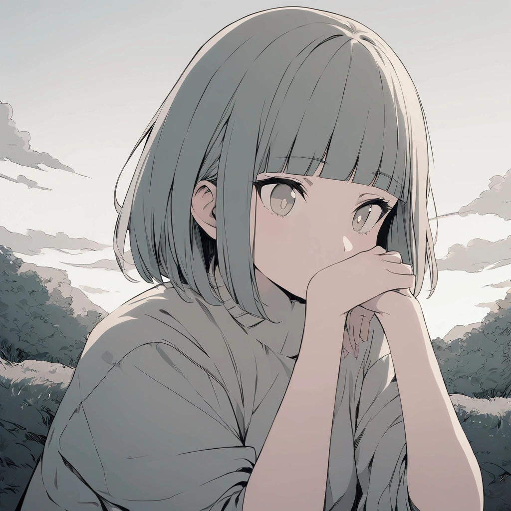 manga style, cute girl, bob hair, blunt bangs, scornfu eyes, chin resting on hands, wind, dull color image, ultra detailed, absolutely resolution, masterpiece