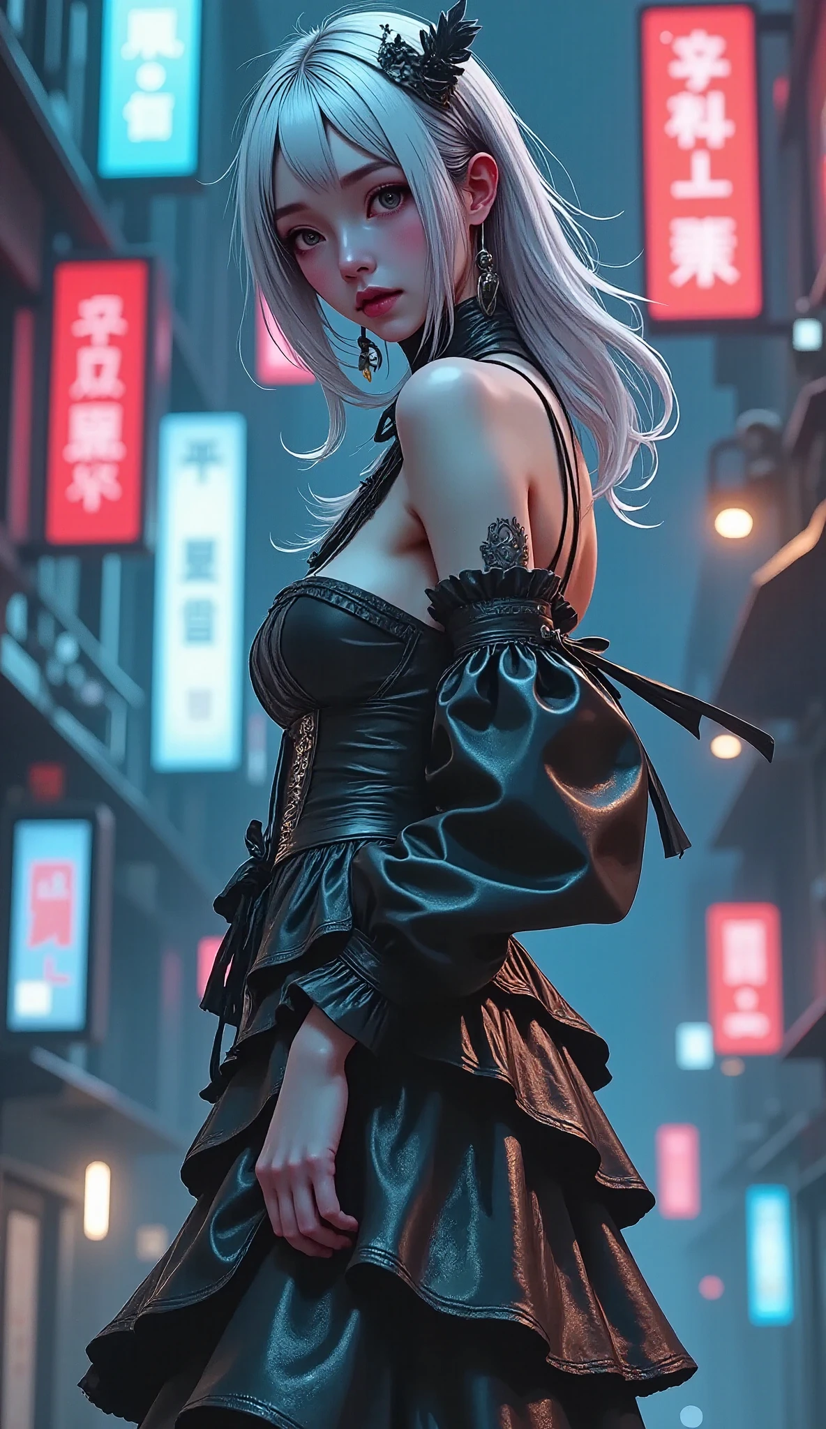  top quality, super  high resolution, (photorealistic : 1.4),  Masterpiece,  high resolution, original,  Super detailed wallpaper , 1 girl, Alone, (, \(beautiful by you\)),  full body,  black dress , The hair is long, Front, medium white , medium black hair,  Dressed in lots of ruffles and ribbons . The makeup is gothic .  The makeup is gothic .  The background is the sky over a neon city at night .  The composition looks down at the city lights as it floats.