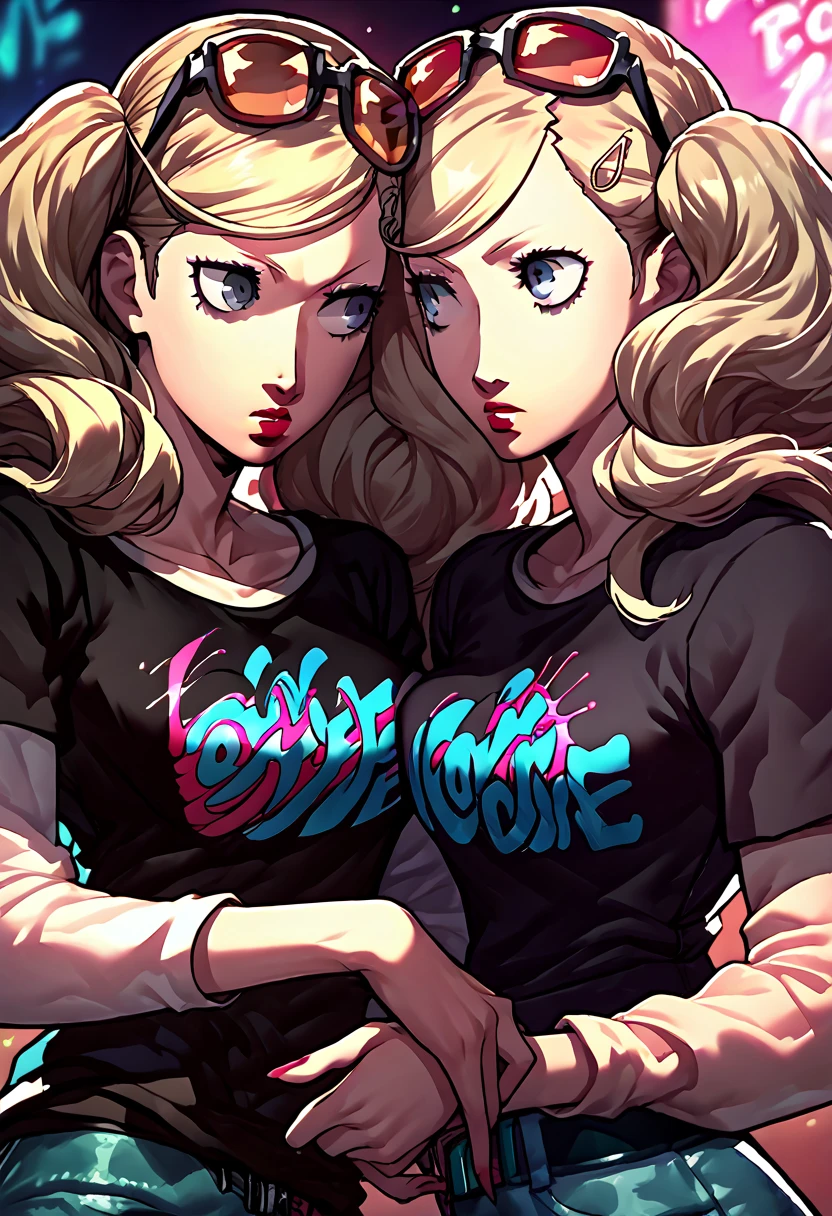 2 girls, sunglasses on head, lipstick, black t-shirt, clothes writing, layered sleeves, large breasts, jeans,Ann Takamaki, Shiho Suzui,