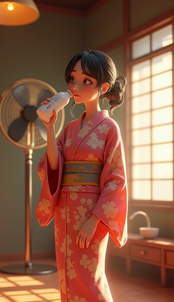 3D animation, theme "Japanese Yukata", Japanese hot spring inn recreation room, woman in yukata after bathing, towel around neck, one hand on hip, legs shoulder width apart, standing with legs apart, looking slightly upwards, drinking milk from a bottle, trumpet, wet hair sticking to cheek, large electric fan spinning in the background, comical scene, heartwarming scene, sophisticated design, advanced lighting technology, 8K quality