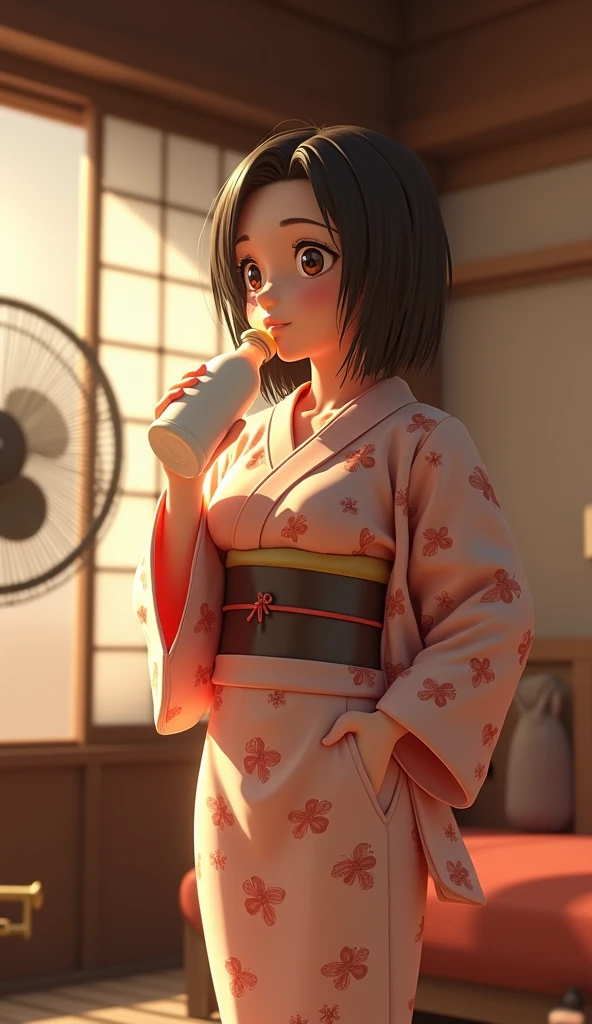 3D animation, theme "Japanese Yukata", Japanese hot spring inn recreation room, woman in yukata after bathing, towel around neck, one hand on hip, legs shoulder width apart, standing with legs apart, looking slightly upwards, drinking milk from a bottle, trumpet, wet hair sticking to cheek, large electric fan spinning in the background, comical scene, heartwarming scene, sophisticated design, advanced lighting technology, 8K quality