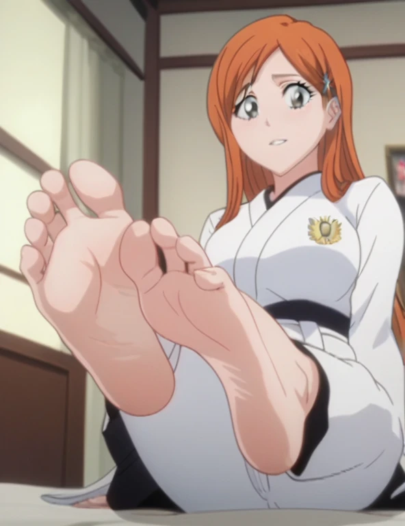 Source_anime, score_9, score_8_up, score_7_up, anime screencap, 8k, absurd res, Inoue Orihime, 1girl, solo, official style, cowboy shot, ANIME SCREENCAP, anime coloring, barefoot, perfect feet, anatomically correct, soles, focal length 35mm, each foot has five toes, front, symmetrical soles barefoot, foot focus, in a room, looking at viewer, sitting on the bed, lifting legs to show her soles, white kimono, white hakama pants