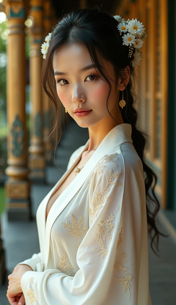 (hyperrealistic photo), (A high resolution), (8k),(beautiful eye quality), (ultra - detailed),curvacious beautiful indonesian woman, sensual pose,a jasmine flower on her ear, full-body portraits(1:1),tied bun hair,sensual expression,Straight and plump ,big natural breasts, long sleeve white kebaya with intricate details, brown batik sarong with intricate floral details, looking at the camera, beautiful attractive woman, 1 girl, the perfect beauty: 1,4 : 1.1,, Super slim face, big cute eyes, double eyelid,balinese temple at the background, facing at the camera, wide angle shot, full body shot,