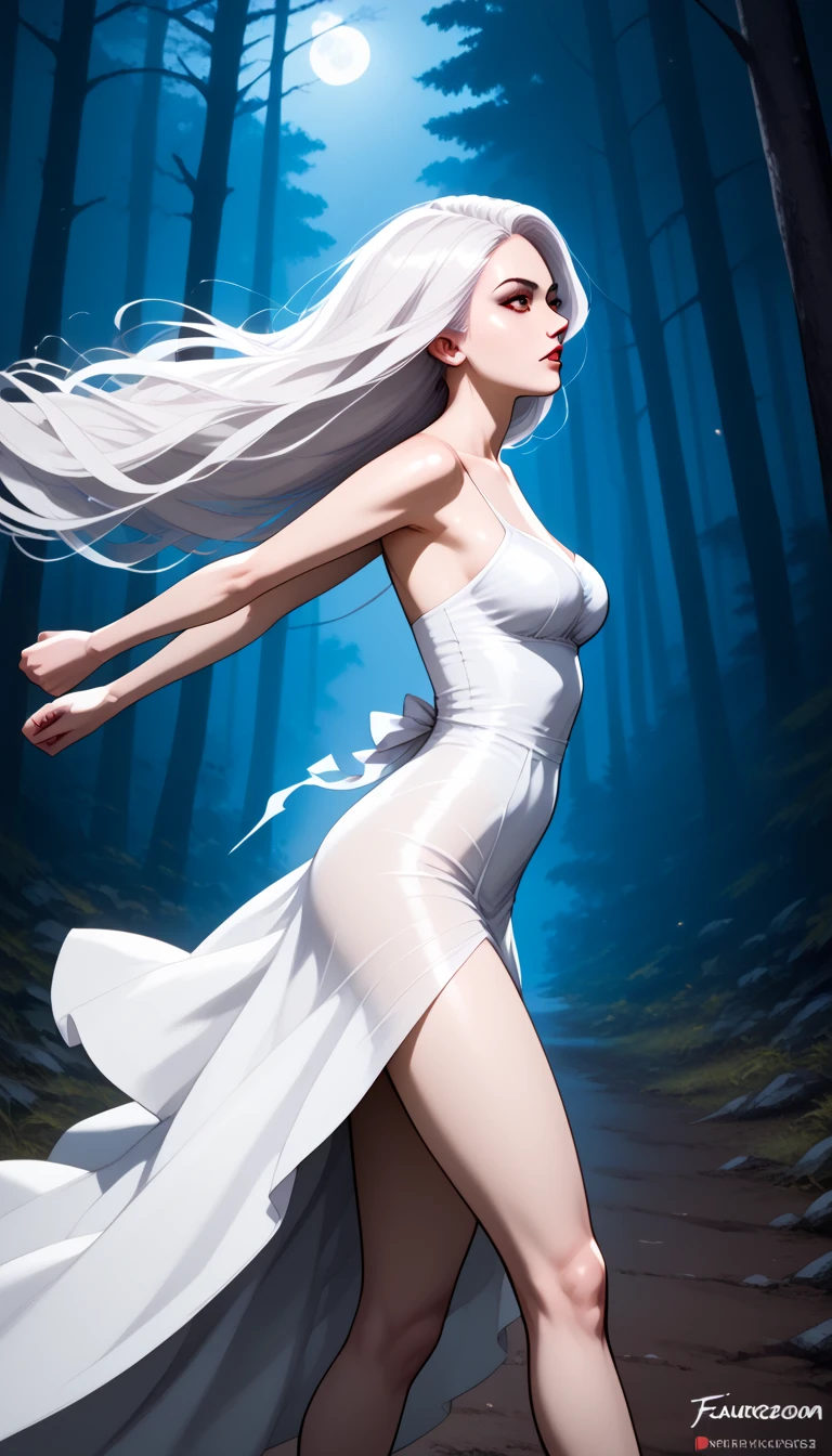  Side view of the vampire girl running at high speed through the gloomy forest at night,  long flowing white hair , arms back ,fast moving legs ,  wearing a white dress,detailed, best quality , 