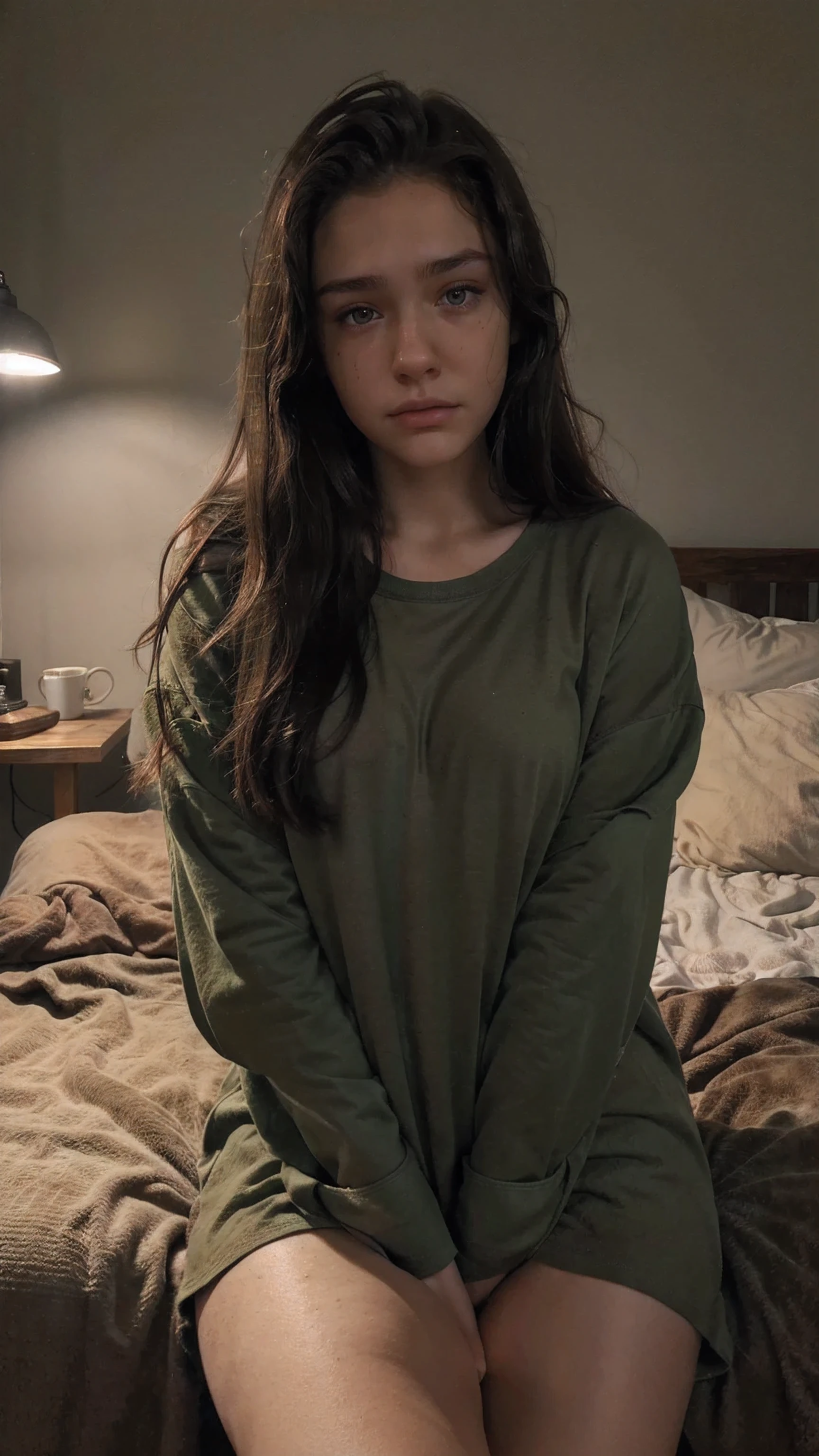 18 years old, selfie, green eyes, brown hair, ((oversized shirt)), perfect soft skin, no imperfections, taking a selfie picture, (((detailed face))), sad look, dark environment, no moles, no pants, sitting on bed, lamp lighting