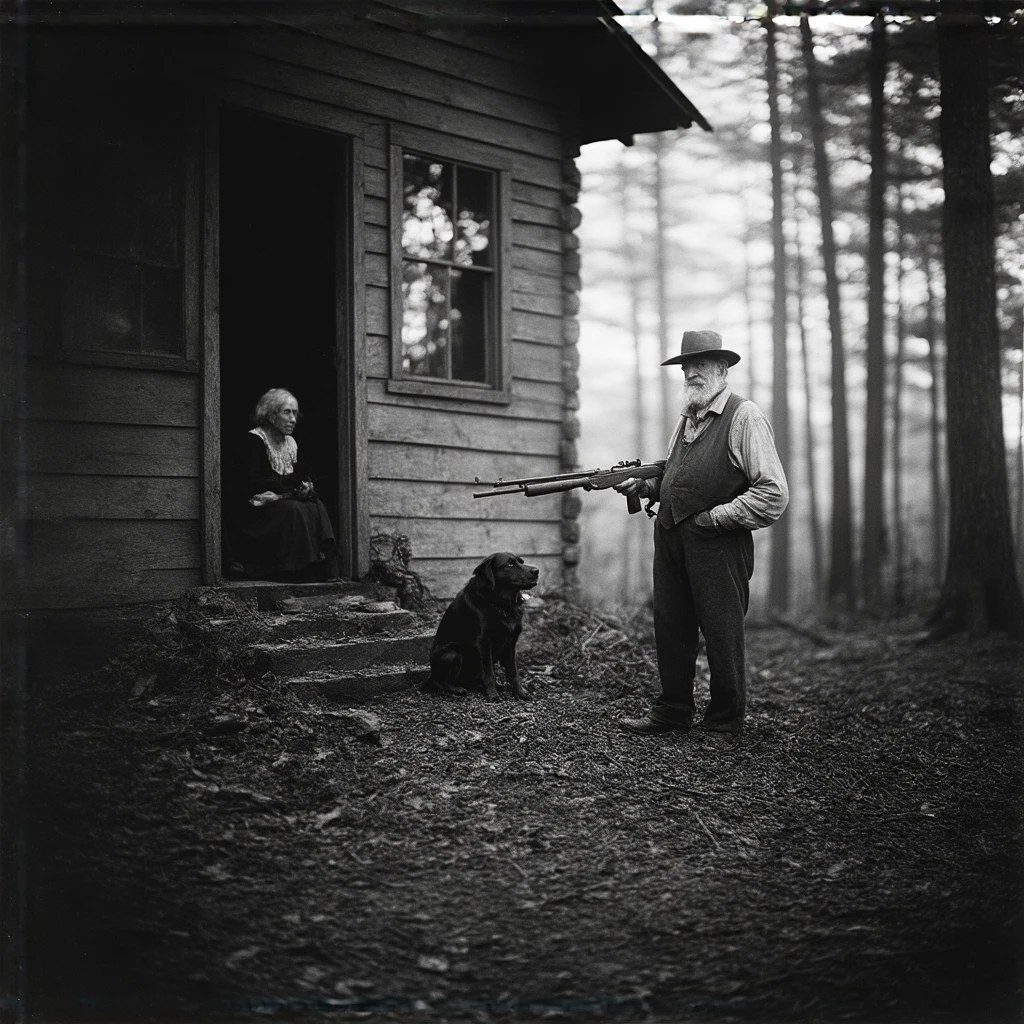 Create a cinematic-quality, ultrawide black-and-white photo of an old rural cabin in a Southern setting reminiscent of the early 1900s. The cabin is rustic, made of uneven vertical planks, many of which are rotten. In front of the cabin stands an elderly gentleman holding an old long-barreled rifle. He is dressed in the ragged, dirty clothes typical of the poor class of that era, including mid-calf pants, suspenders, and a straw hat. Beside him sits a loyal country dog. Through the window of the cabin, the silhouette of an old woman can be seen. The overall mood should evoke a sense of historic rural life, set in temperate forest, with coniferous trees all around.