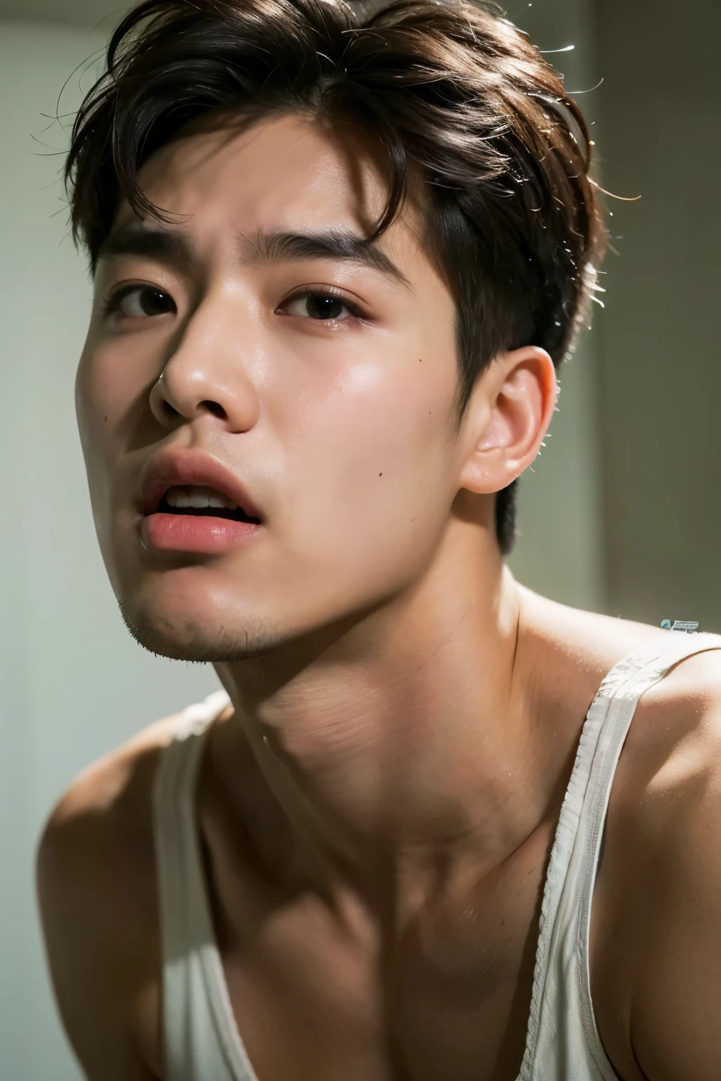 Best quality, High quality, A high resolution, 4K, Masterpiece, detailed face, South Korea, handsome boys, tank top,his mouth hanging open and a blank look in his eyes, a thin string of drool slowly dripping from his open mouth.
