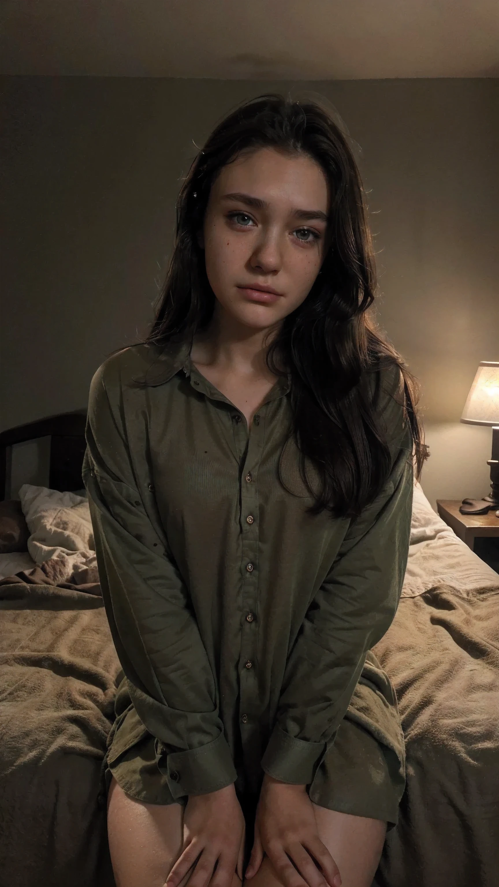 18 years old, selfie, green eyes, brown hair, ((oversized shirt)), perfect soft skin, no imperfections, taking a selfie picture, (((detailed face))), sad look, dark environment, no moles, no pants, sitting on bed, lamp lighting
