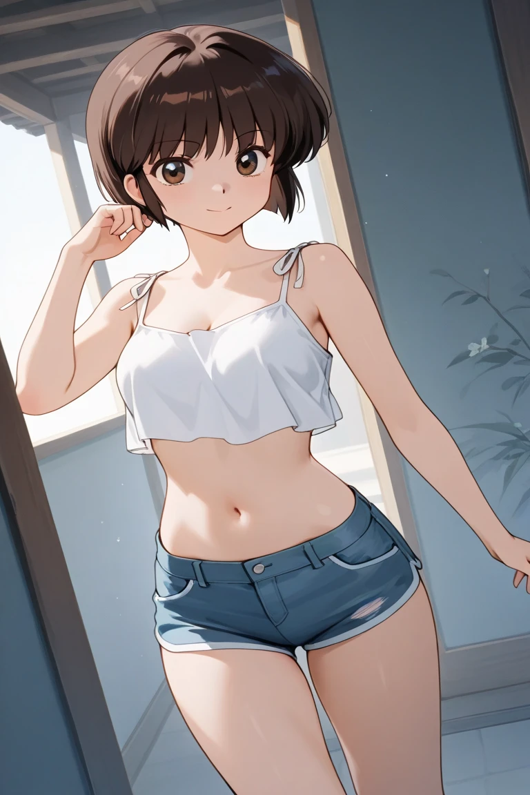 A highly detailed and high resolution image of "Nabiki Tendo" [from Ranma 1/2]; Japanese girl with short dark brown hair; cute, wearing a skimpy crop top and daisy duke shorts (very short shorts); bare arms; bare legs; she has a mischievous look on her face like she is going to scam you; background of a Japanese park in Tokyo; BREAK: quality\(8k,wallpaper of extremely detailed CG unit, high resolution, top-quality, top-quality real texture skin, hyper realistic, increase the resolution, RAW photos, best quality, highly detailed, the wallpaper, golden ratio, high saturation realism, vibrant colors, dramatic lighting, persuasive storytelling, atmospheric scenery, captivating visuals, intricate details, strong emotions, dreamlike world\),(dynamic angle:1.4)