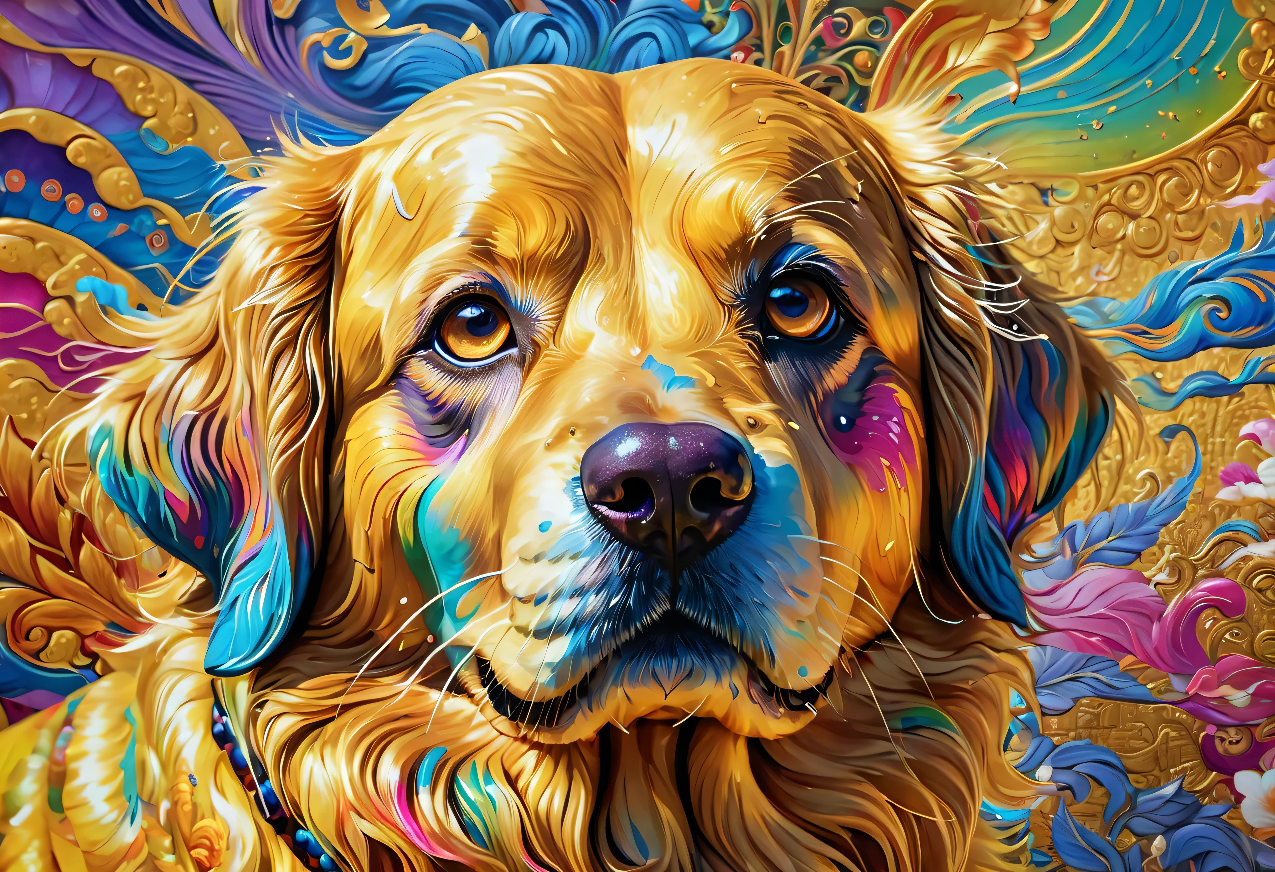 犬の絵 with a colorful face and eyes, BEAUTIFUL 4K ART , Detailed painting 4k, Gautama Buddha  wearing a painting , Rendered in high resolution, Vadim Kashin.  super real , in a golden retriever picture,  by Alessandro Pautasso,  Gautama Buddha  wearing colorful and detailed ,  detailed 4k painting , golden retriever picture