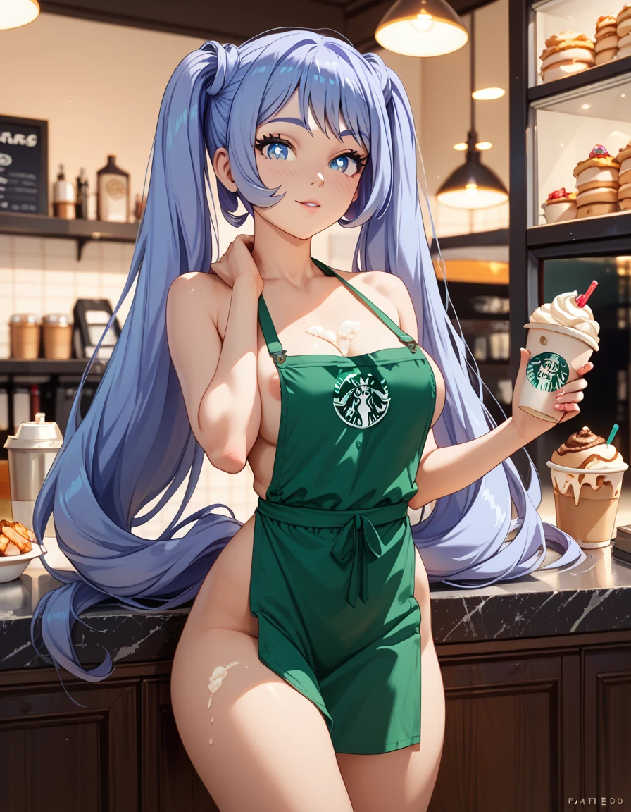 score_9, score_8_up, score_7_up, score_6_up, anime_source, thicc barista, from front, in a bar, dotted bikini, ponytail, wide hips, big booty, cleaning a table, bending forward, smiling, blushing