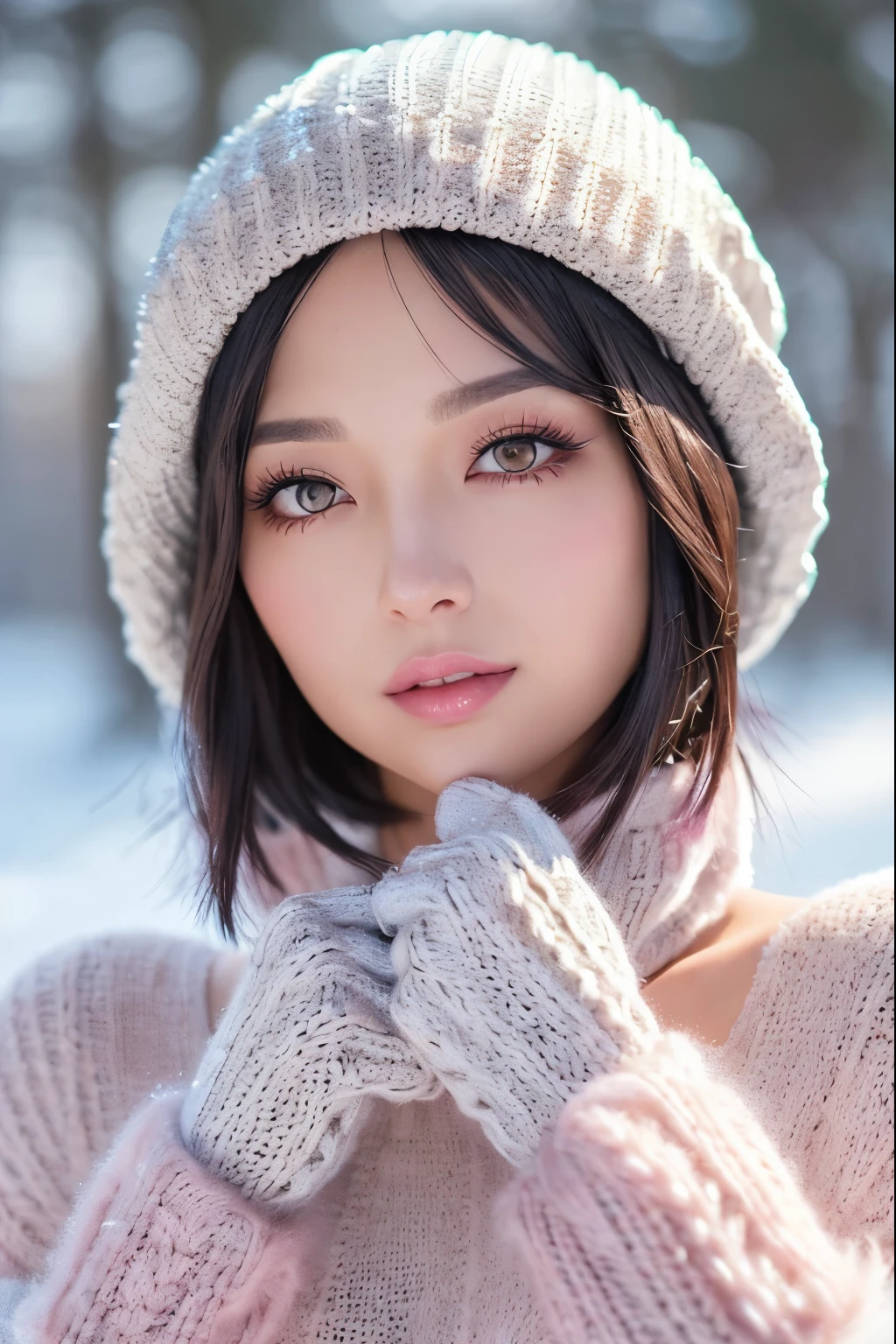 Beautiful young asian teen, 16 years old, solo, (gothic style), pale white skin, (bright skin:1.3), delicate face, sharp features, short chin length hair, (((bangs))), pich dark black hair, (((short and wavy dark black hair, with red highlights))), (((violet colored eyes))), (((sharp sparkly eyes))), double eyelids, (((super long and thick eyelashes))), thick dark eyebrows, small nose, pointy nose, red glossy lips, (((full lips))), deeply blushing, red cheeks, cheek freckles, cute, (((smiling softly))), (earrings), (((huge lifed breasts))), (((wearing a white sweater, and a red scarf))), (((date a snowy park setting))), Soft sunlight, realistic light and shadows. detailed, (highres:1.2), (enchanced quality:1.4), (Top quality true texture skin), vivid colors, colorful, ultrahigh res, octane render unreal engine, (high contrast), volumetrics dtx, (cold weather, snow), (photorealistic:1.4), UHD, HDR, sharp focus, hyperrealistic, high quality, 16k.