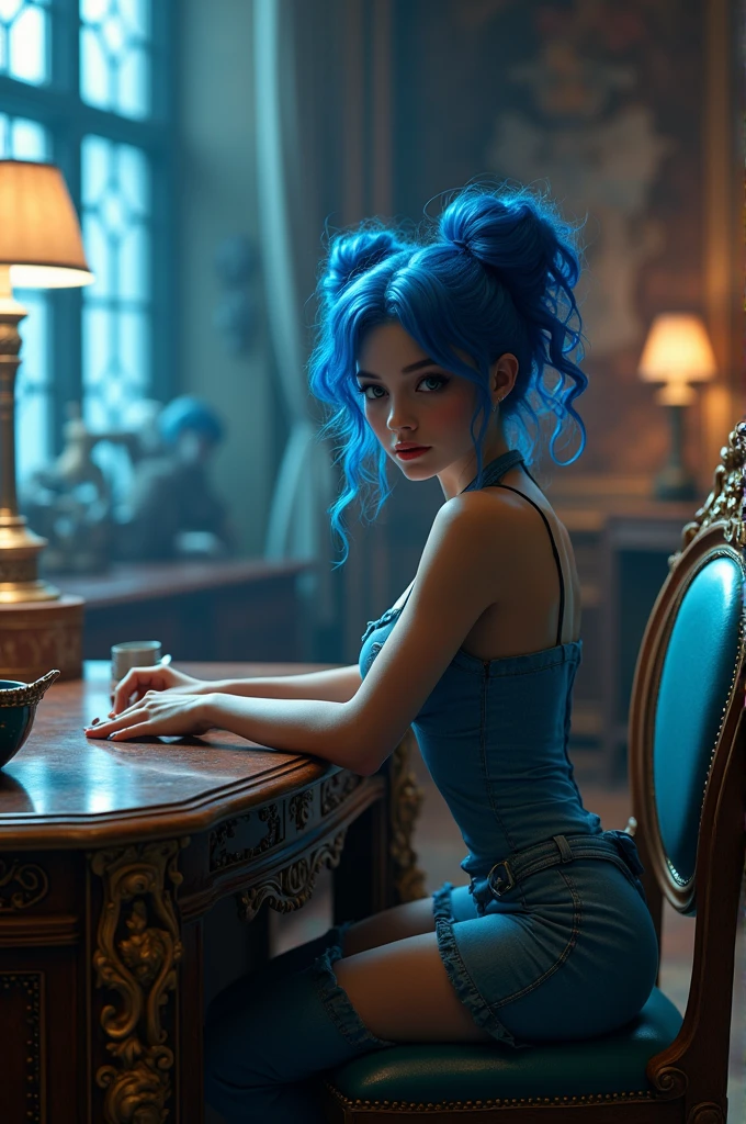 scifi dress, highres, masterpiece, perfect lighting, bloom, cinematic lighting, adult, female, perfect skin, looking at viewer, upper body, collarbone, wavy hair, necklace, suspenders, floral print, freckles, blue hair, sunlight, center opening, midriff, cleavage, sleeveless, cats in background, 