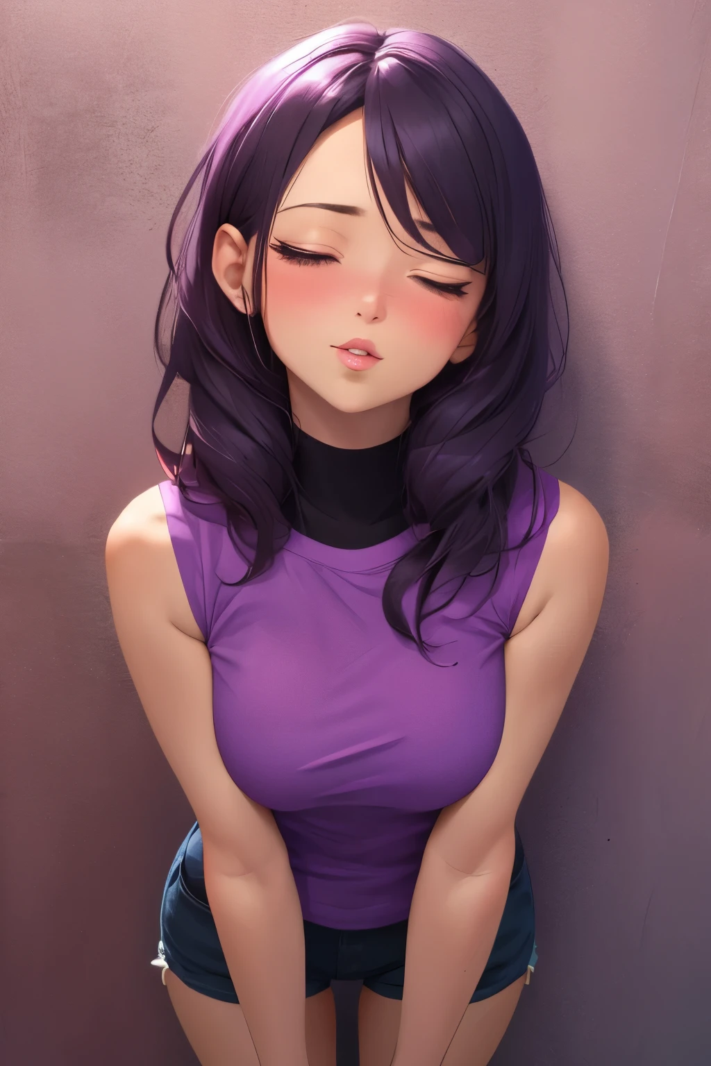 a short sexy woman wearing purple t shirt and black tracks, pinned against the wall, eyes closed, lips parted, blushing intensely, ready to kiss