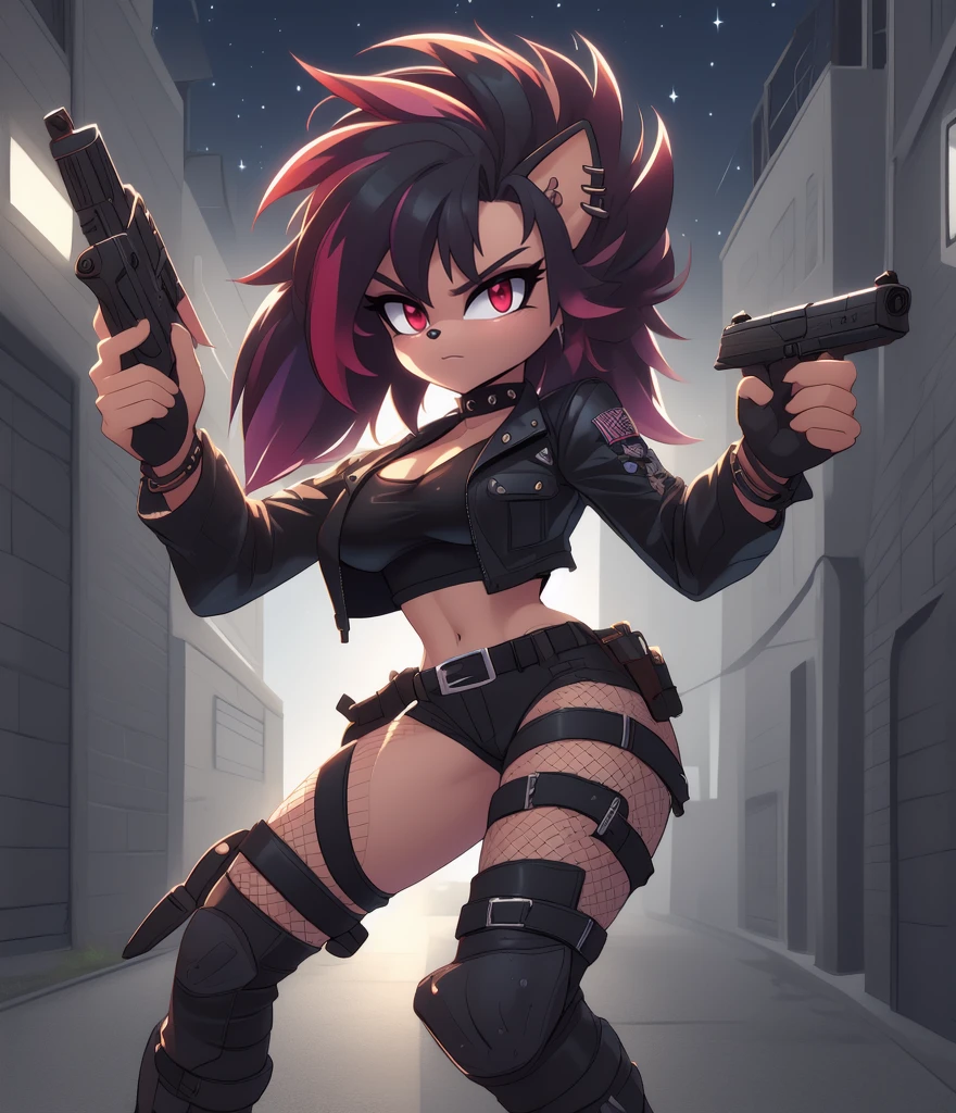 ((masterpiece)) ((UHD)) 4K, High detailed, Female anthropomorphic hedgehog, mobian, black fur, furry, Anime style art, ((intricate details)) ((Studio Quality)), Atractive, gorgeous body, portrait, Best Quality, High resolution, breasts, midriff, multicolored hair black messy long Punk Hair with crimson highlights, long bangs, red eyes, purple eyeshadow, open black leather jacket, grey cropped undershirt, studed belt, spike bracelets, black fingerless gloves, fishnet forearm covering, black choker, earrings, black leather shorts,crimson striped black tall punk boots , angry, simple background, posing with gun in the air, holster, tactical straps, tactical pose, Looking at viewer, city alley ((nighttime)) ((starry sky)) ((ambient lighting)) 