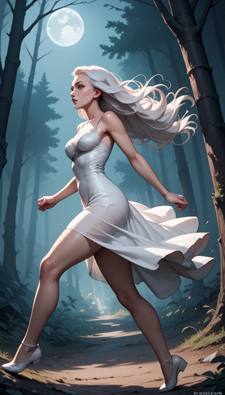  Side view of the vampire girl running at high speed through the gloomy forest at night,  long flowing white hair ,arms and legs in rapid motion,  wearing a white dress,detailed, best quality ,  Dutch angle  