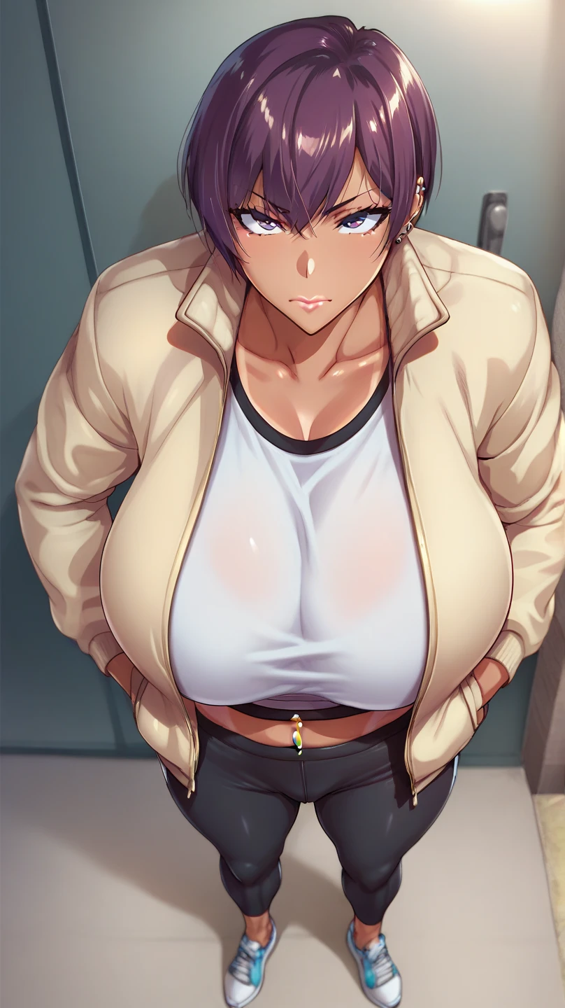      score_9,      score_8_above,      score_7_above,      score_6_above,    Estilo Takeda Hiromitsu  ,  a girl, huge breast ,   big breasts,    tall details  ,      The Best Quality     ,    Anatomically correct ,    short hair ,    Closed mouth   ,   , piercings ,   hands in their pockets    ,  tan lines ,  open sports jacket ,  tight sports pants  , face would be 