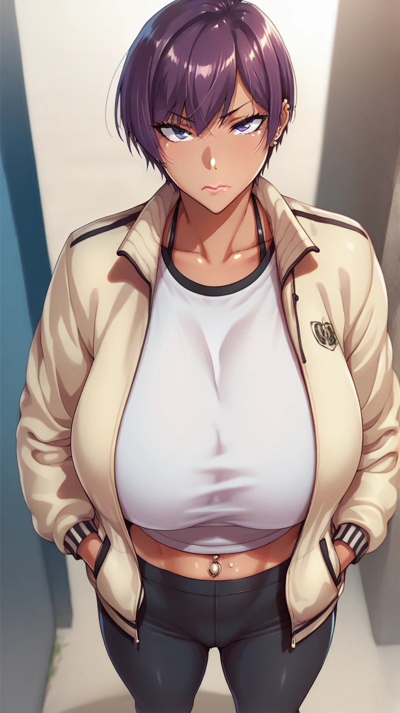      score_9,      score_8_above,      score_7_above,      score_6_above,    Estilo Takeda Hiromitsu  ,  a girl, huge breast ,   big breasts,    tall details  ,      The Best Quality     ,    Anatomically correct ,    short hair ,    Closed mouth   ,   , piercings ,   hands in their pockets    ,  tan lines ,  open sports jacket ,  tight sports pants  , face would be 