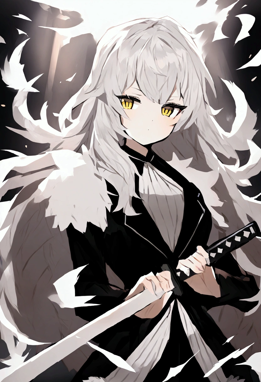 Long hair, fluffy white hair with white stripes, yellow eyes, big chest, holding a katana sword. 