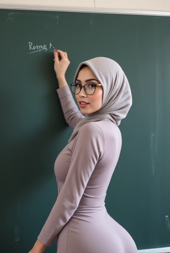  a  40-years-old indonesian woman, wearing hijab and semi formal muslim dress. wearing glasses, writing "ryan edith" on the chalkboard  infront of classroom. Realistic skin details, intricate fabric details, beautiful face, ferfect face composition, Look back at the viewer.