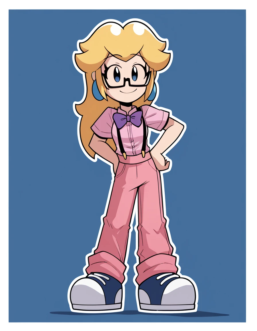 zPDXL3, 1girl, solo, blue background, white border, white outline, black outline, flat color, no sclera, black eyes
prngs, , square framed glasses, bow, bowtie, purple bowtie, striped pink shirt, suspenders, shirt, short sleeves, looking at viewer, princess peach,, source_cartoon, score_9, score_8_up, score_7_up, blonde hair, long hair, full body, hand on hip, smile, pink pants