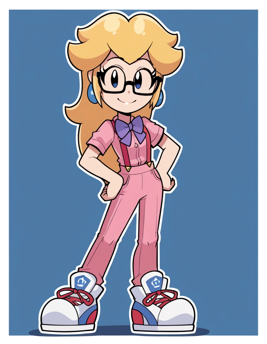 zPDXL3, 1girl, solo, blue background, white border, white outline, black outline, flat color, no sclera, black eyes
prngs, , square framed glasses, bow, bowtie, purple bowtie, striped pink shirt, suspenders, shirt, short sleeves, looking at viewer, princess peach,, source_cartoon, score_9, score_8_up, score_7_up, blonde hair, long hair, full body, hand on hip, smile, pink pants