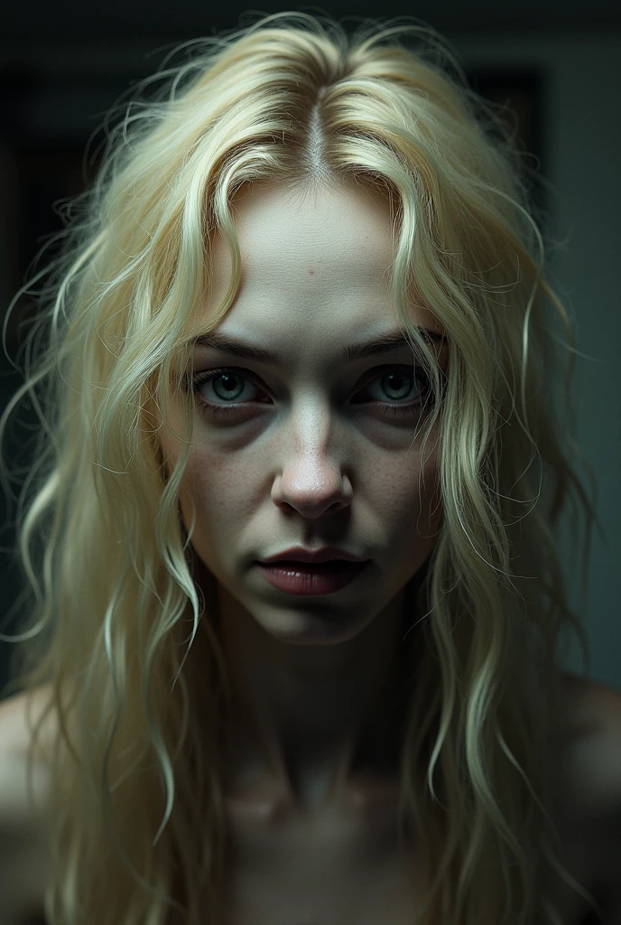 high resolution raw dslr close-up photo of tatms, a woman,a woman,long blonde curly hair,red countour eyes,white long dress,front view,looking at viewer,dark,dimly lit,illuminated from behind,realistic skin texture,pores,sweaty skin,cinematic,depth of field,masterpiece,volumetric lighting,cinematic,surreal dramatic shadow,rim lighting