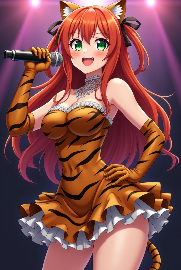 Riaa Gremory with big breasts, with her fat ass, wearing black lingerie, and wearing spotted cheetah textured leggings, sitting on a purple chair with her legs crossed