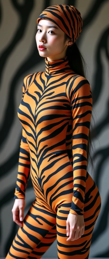 the beautiful,slender thin and prettiest Asian and Malaysian muslimah adult girl with beautiful cheeks wears tiger print lycra turtleneck unitard catsuit covered with seamless spots and always wear tiger print lycra elastane stretchy dance wear hijab covered with seamless spots.She has beautiful lips