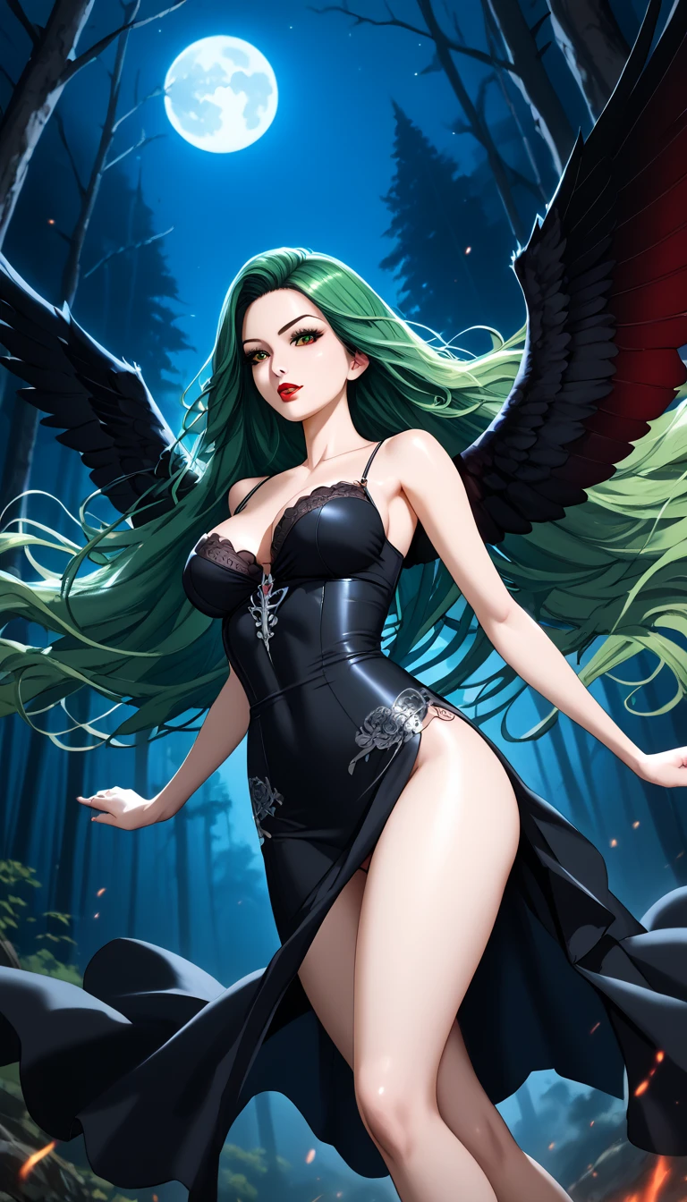 A vampire girl speeding through the dark forest at night, long flowing green hair,arms and legs in rapid motion, Flight , wearing a black dress ,detailed, best quality ,  Dutch angle  ,  perfect anatomy  