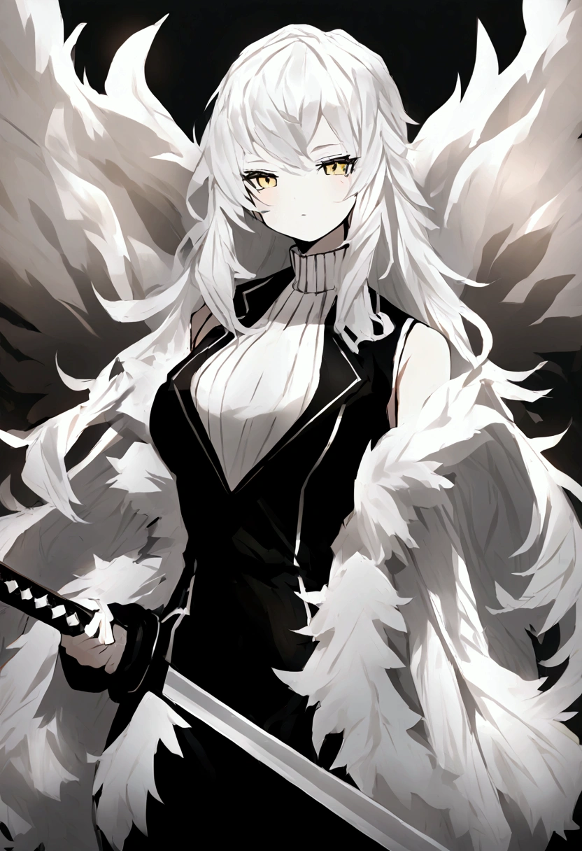 Long hair, fluffy white hair with white stripes, yellow eyes, big chest, holding a katana sword. Wearing a turtleneck shirt showing shoulders. 