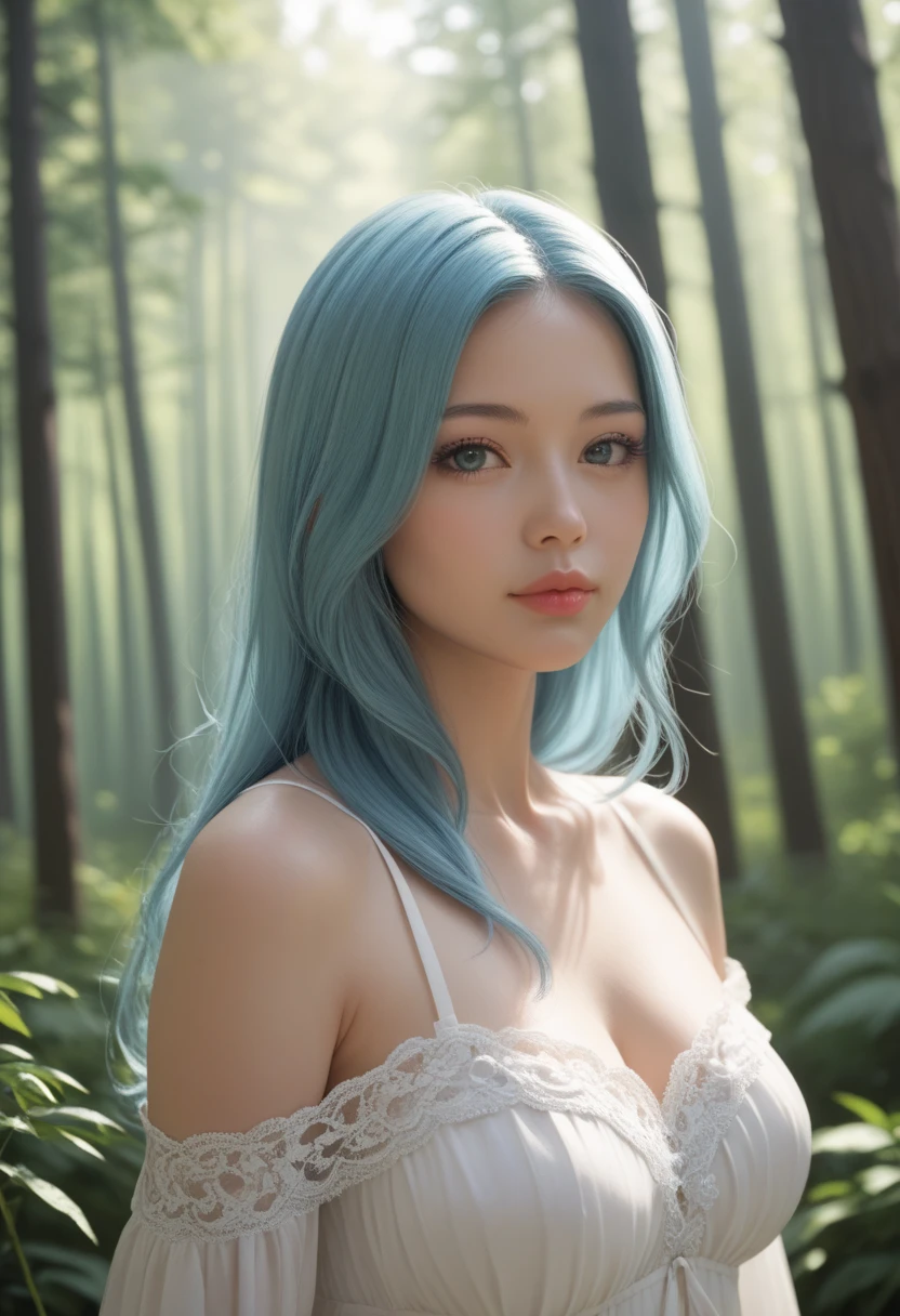 score_9, score_8_up, score_7_up, Western Comics, Portrait, girl, cute, seductive, innocent, light smile:0.3, plump lips, slender body, azure hair, long hair, detailed eyes, forest, bare shoulders, hanfu, lakes, pure, soft bamboo, depth of field, dynamic angle, fashion photography, sharp, hyperdetailed:1.15