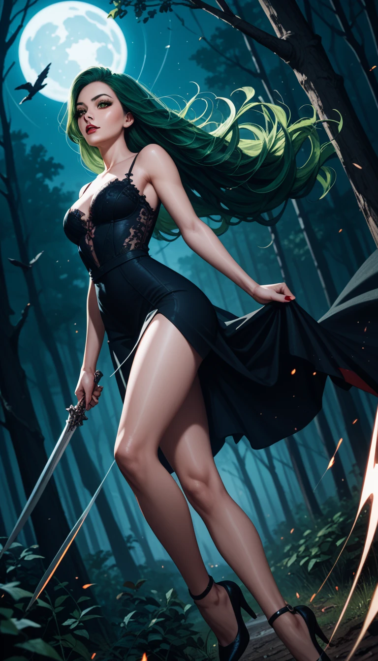 A vampire girl speeding through the dark forest at night, long flowing green hair,arms and legs in rapid motion, Flight , wearing a black dress ,detailed, best quality ,  Dutch angle  ,  perfect anatomy  