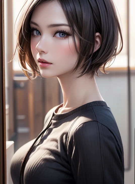 ((  top quality  )),(超   high definition  ),(  very detailed),(Detailed explanation),((  best CG  )),(masterpiece), Super Fine Art 、(  top quality  、8k、32K、masterpiece)、( realistic )、( realistic :1.2)、(   high definition  )、  very detailed、   WHITE WOMAN SECRETARY STANDS ON HOMEFIELD ,  very beautiful face and eyes  、 1 Woman 、((:1.3))、 Slim waist、Delicate body、(  top quality  、  attention to detail 、 Skin Details )、(Oil paints:1.2、  perfect anatomy :1.3)、  very detailed、((Super short hair:1.8))