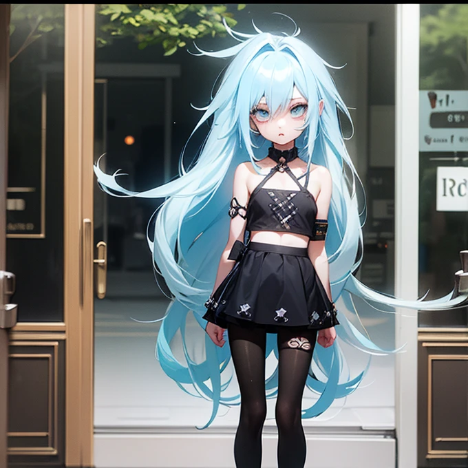  One Girl , long unkempt hair( light blue hair),Tree Eyes, flashy makeup, flat chest,skinny, anorexic,  is short, Punk Fashion,pantyhose, I'm in the place where the front door is open