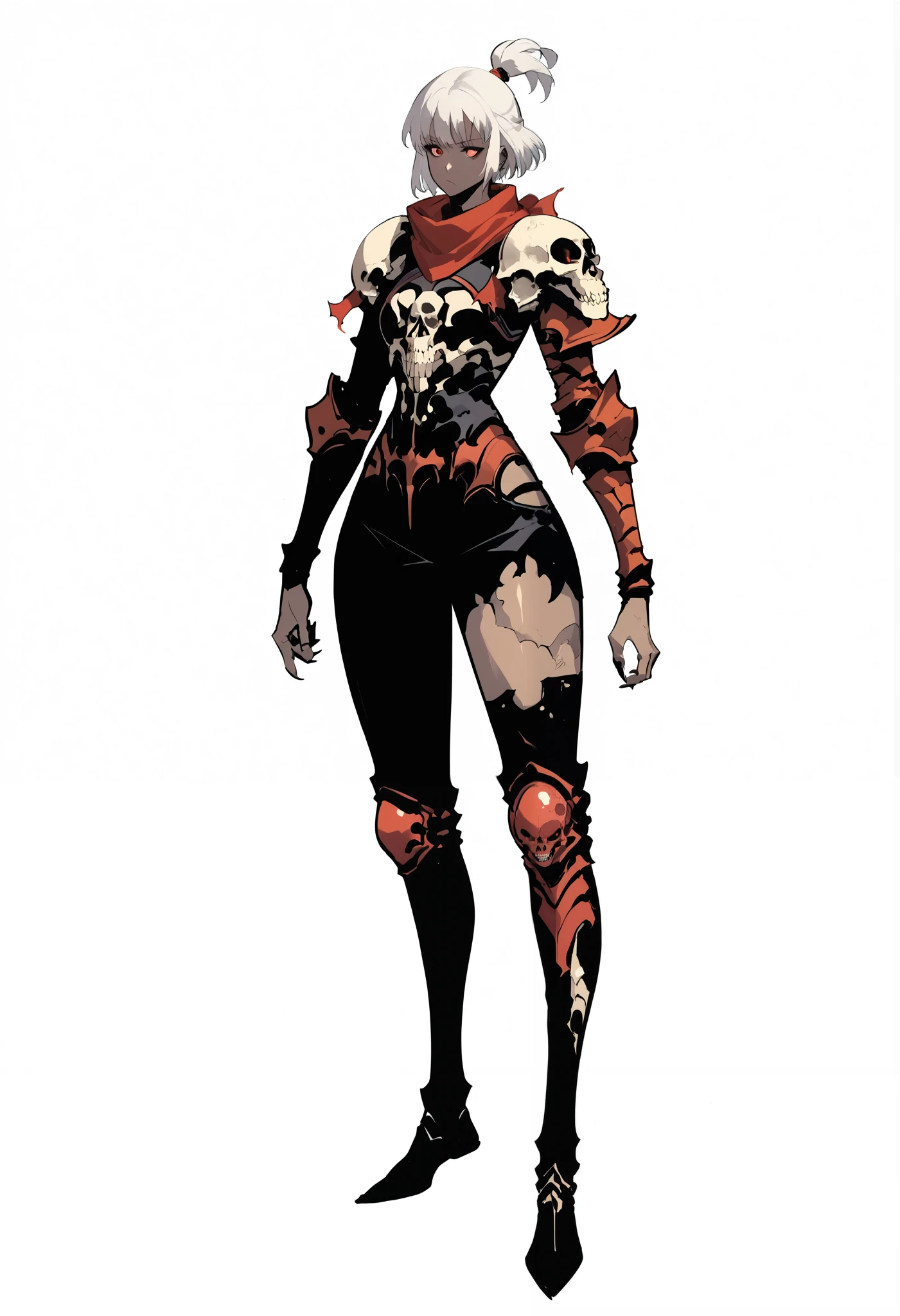 darkskin woman in fantasy clothes, white short hair in a ponytail, red eyes, Torn long red scarf, white and black Armor, skull-shaped shoulder pad, skull Knee Pads, full body view, perfect Anatomy, intricate pencil sketch, expressive eyes and nose and mouth, un-zoom, highly detailed, white background