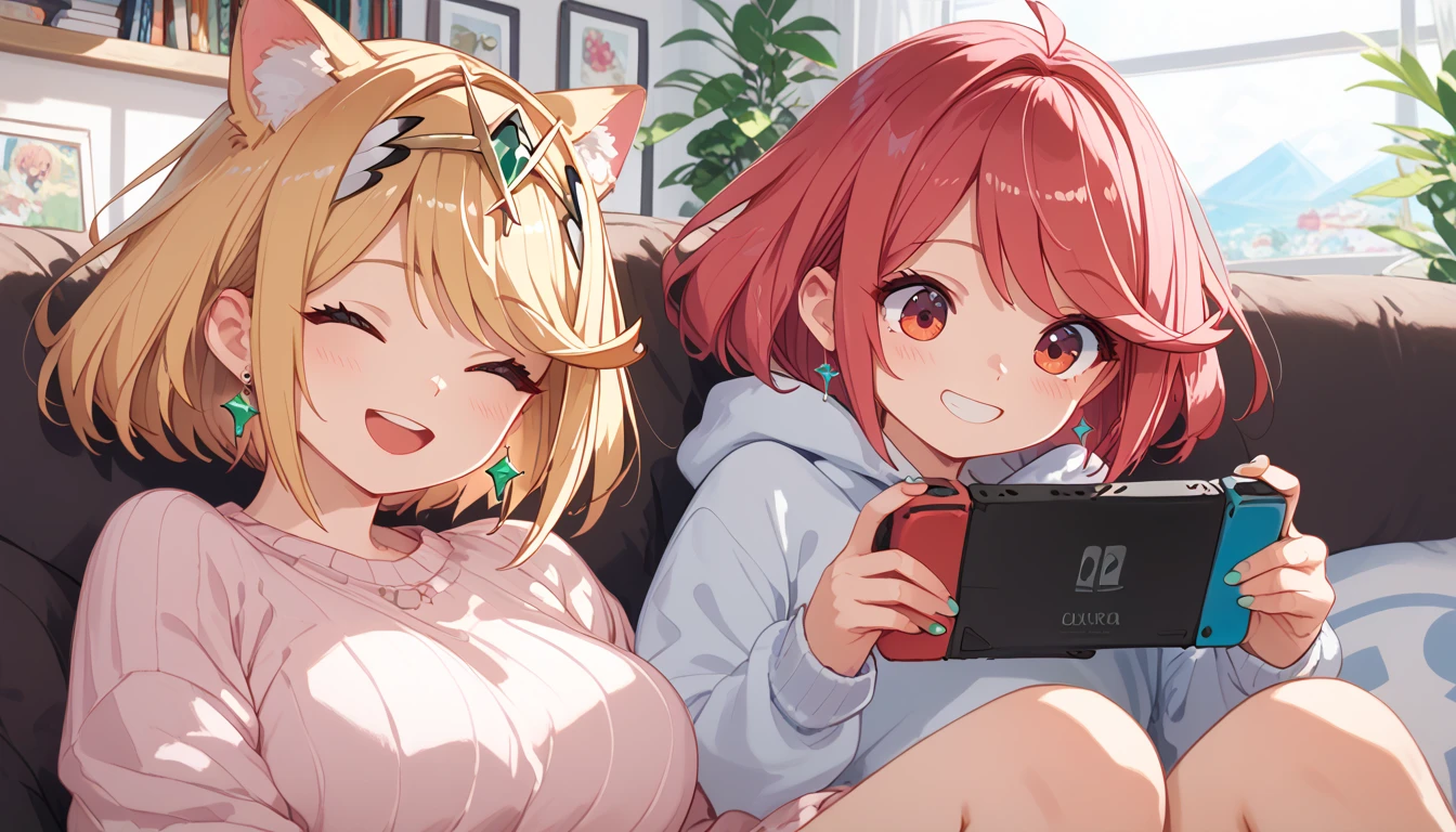 masterpiece, maximum quality, 4k, detailed, sweater,  pyra and mythra, happy, ligth on face, smile, surprised, sittiong on sofa, playing nintendo switch, smile, closed eyes