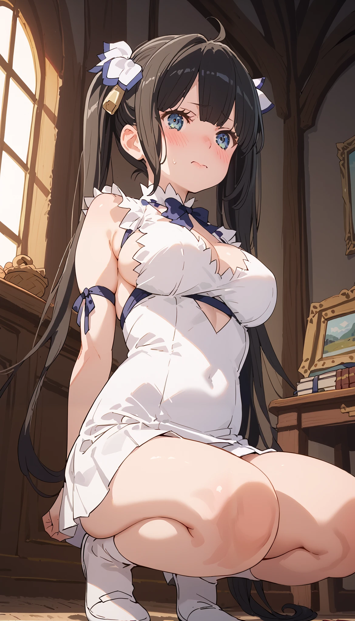 (From the front: 1.3), (From below: 1.3), arms behind the back, white outfit, white mini skirt, slender body, big breasts, squatting, love of service, embarrassed face, petite, beautiful thighs, in the living room of the mansion