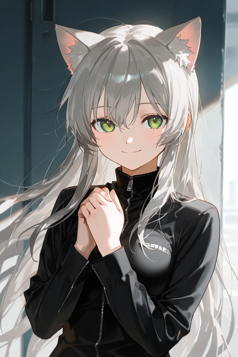 Best Quality, One Woman, Gray Hair, Long Heir, smile, Cat Ears, Green Eyes, 