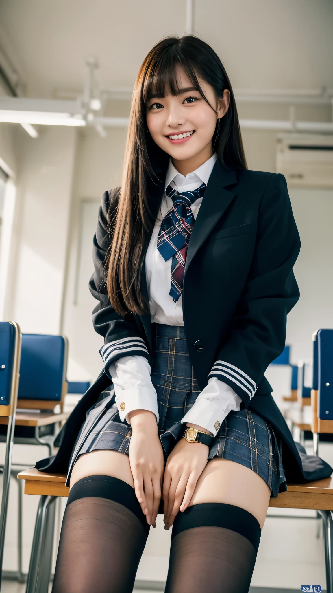 (Highest quality, 4K, 8k, High resolution, masterpiece, Genuine, Realistic, Realistic:1.3), (upper body), Girl sitting on the school desk in classroom, blue neckerchief Uniform, Dark Blown Blazer, blown plaid skirt, Gal Makeup, wearing oversize dark sweater amd white collared shirts, dark black pantyhose, ((straight long hair)), Gold Bracelets, 19-year-old, bangs, grin,Thighs, knees, From below, pinching skirt:0.7, black long socks, open legs:0.8,,