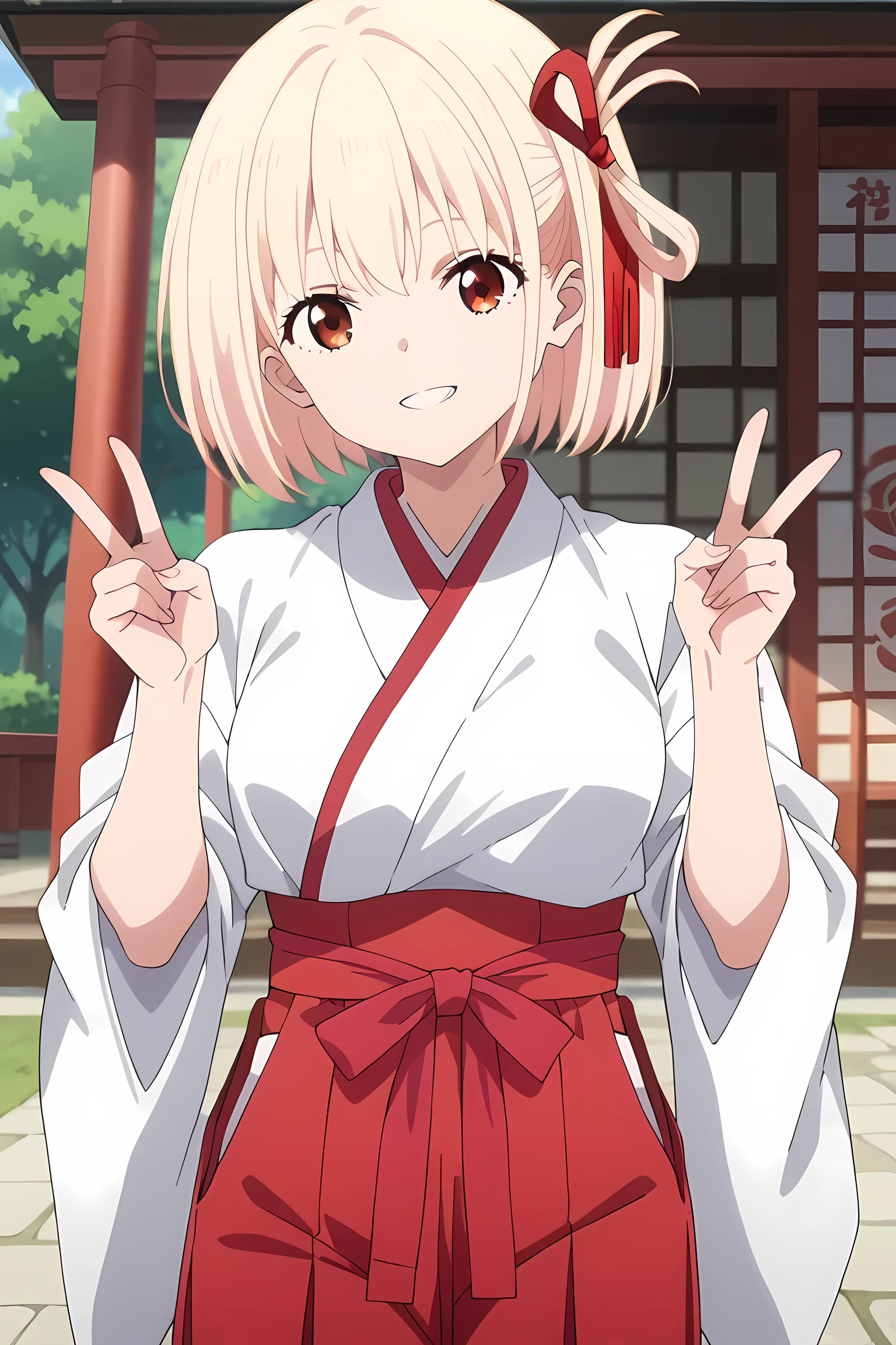 Score_9, Score_8_up, Score_7_up, sauce_anime,  (anime coloring, anime screencap:1.2), Flat Color, Goddess Magazine, Shiny skin, Lycoris Recoil, chisato nishikigi, short hair, bangs, blonde hair, red eyes,  hair ribbon, one side up, bob cut, medium breasts, jyojifuku, miko, red hakama, indoor, Looking at viewer, standing, light smile, clenched teeth, shrine, cowboy shot, double peace,