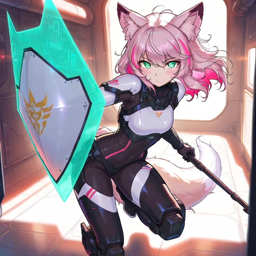 (fox motif:1.3), fox ears, fox tail, cool android girl, solo, medium hair, messy hair, shaggy hair, Pale pink hair, gradation colors hair, streaked hair, green eyes, hologram eyes, glowing eyes, armored exoskeleton on taut bodysuit, medium chest, holding star shaped shield, blush, flawless smooth skin, looking at viewer, cowboy shot, Prepare a weapon, Standing on one knee, space ship, indoors,(best quality,4k,8k,highres,masterpiece:1.2),ultra-detailed,intricate details, high fashion, dramatic lighting, warm colors, chiaroscuro, kiri