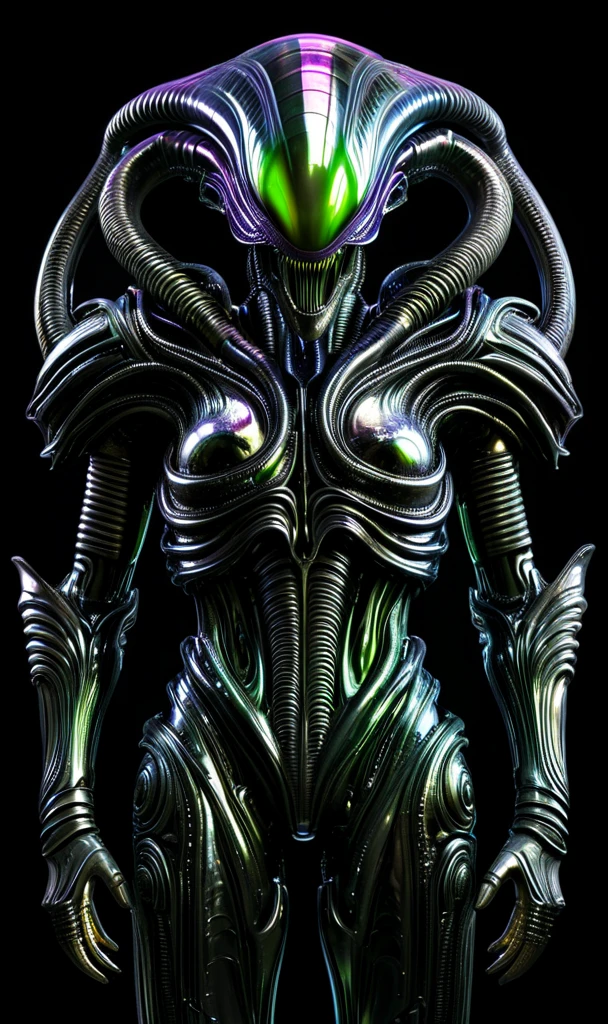 (((Full body image))), like H.R.Giger Works, grotesque character,evil, slimy and creepy, biomechanical armor, giant eyes on the chest, in the style of g1h3r, (((full body shot))), ultra real photograph, black background, digital image.