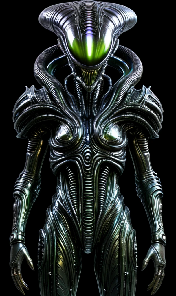 (((Full body image))), like H.R.Giger Works, grotesque character,evil, slimy and creepy, biomechanical armor, giant eyes on the chest, in the style of g1h3r, (((full body shot))), ultra real photograph, black background, digital image.