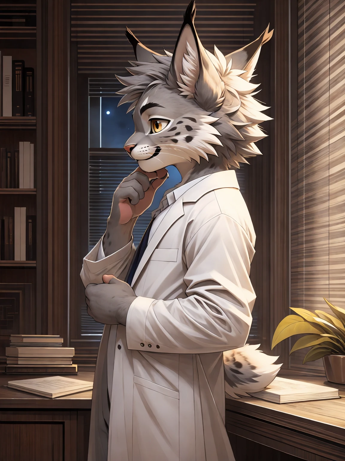 (gray fur:1.3), lynx, (young:1.3), shota, solo, paw pads details, cover page, top quality, paid reward available, unparalleled masterpiece, perfect artwork, Recording research, easygoing, white lab coat, Touching his chin and thinking, masterpiece, (16K), HD, Various facial details, detailed background, very detailed, dynamic poses, Eyes details, high resolution, high quality, correct anatomy, smile , scholarly aura, in the office, Looking at the notes in hand, at night, from side, Side-angle shot, Side view shot