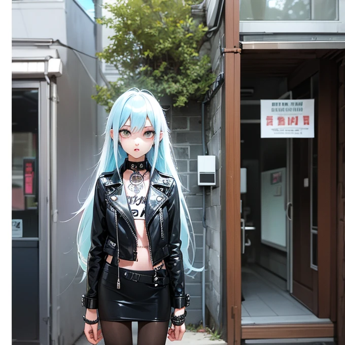  One Girl , unkempt long hair( light blue hair),Tree Eyes, flashy makeup, flat chest,skinny, anorexic,  is short, Punk Fashion（ leather jacket ）,pantyhose, Greet them from the front door 