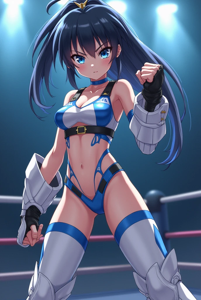 top-quality、extremely delicate and beautiful、Soio、Soio、Idol、14 year old girl、japanes、Lori、Chiquita、A dark-haired、((White and light blue leotard))、、Stand in the ring of professional wrestling、knee high socks,ring boots for professional wrestling,Fighting,Professional wrestling matches