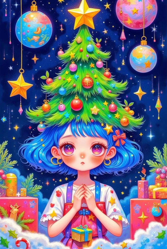 there is a cartoon girl with a christmas tree on her head, jen bartel, magical tree, seasons!! : 🌸 ☀ 🍂 ❄, colorfull illustration, a beautiful artwork illustration, with a tall tree, christmas tree, magic tree, fairy-tale illustration style, by JoWOnder, lady with glowing flowers dress, anime girl with cosmic hair, magical dress