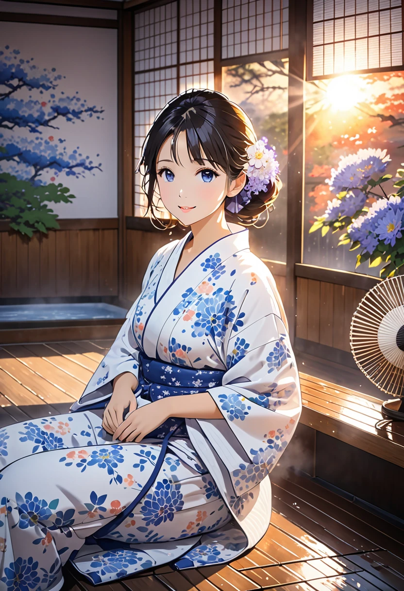 Anime, theme is "Japanese Yukata", Japanese hot spring inn recreation room, beautiful woman wearing yukata with blue small chrysanthemum pattern on white fabric after bathing, sitting and relaxing on a rattan chair, towel around neck, wet hair sticking to cheeks, sexy, big electric fan spinning in background, sunset shining through window, highlighting female beauty, sophisticated design, advanced lighting technology, 8K quality